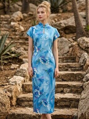 Vintage Hawaiian Maxi Dress Size 8 Cheongsam Qipao USA Made